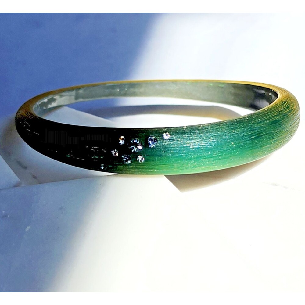 Modernist Green Gold Lucite Bangle Bracelet Painted Rhinestone Accents